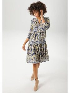 Aniston Sukienka w kolorze granatowo-żółtym rozmiar: 44. Niebieskie sukienki Aniston, bez wzorów, z wiskozy, bez kołnierzyka, bez ramiączek, midi. Za 137,10 zł.