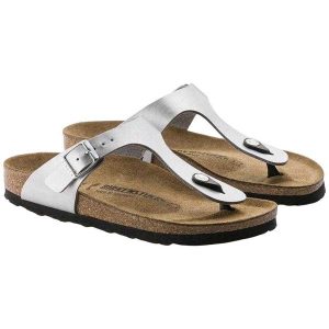 Damskie Skórzane Klapki Gizeh. Szare klapki Birkenstock, bez wzorów, z materiału, bez obcasa, na słupku. Za 289,00 zł.