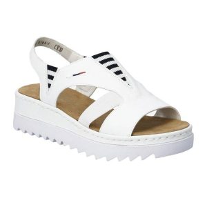 Damskie Sandały Ze Skóry Ekologicznej W Kontrastowe Paski. Białe buty trekkingowe Rieker, ze skóry ekologicznej, bez zapięcia. Za 485,99 zł.