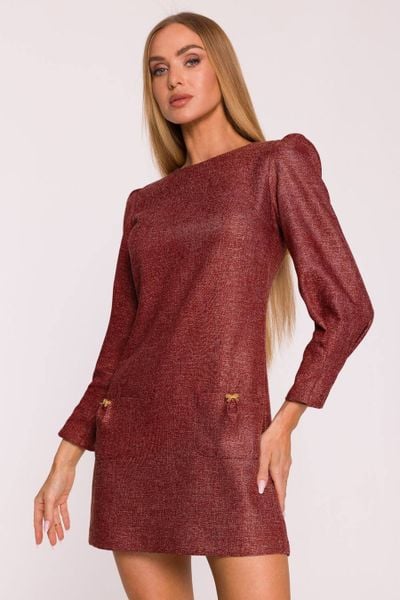 Elegancka sukienka tweedowa trapezowa mini bordowa. Czerwone sukienki MOE, do pracy, m, bez wzorów, z dzianiny, biznesowe, bez kołnierzyka, bez ramiączek, mini, dopasowane. Za 349,00 zł.