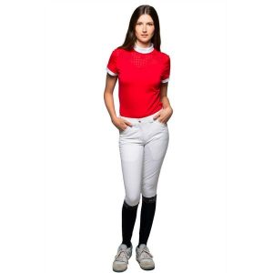 Damska koszulka polo na zawody Flags&Cup Isla. Czerwone bluzki FLAGS&CUP, bez wzorów, sportowe, bez kołnierzyka, bez ramiączek. Za 231,50 zł.