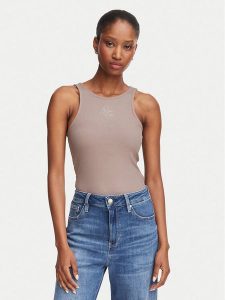 Guess Top W6RP39 KD092 Beżowy ciemny Regular Fit. Brązowe topy Guess, xxl, z aplikacjami, z syntetyku, bez kołnierzyka, bez ramiączek. Za 174,99 zł.