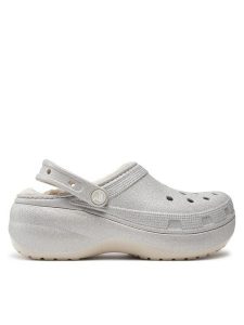 Crocs Klapki Classic Platform Glitter Lined Clog W 210413 Srebrny. Szare klapki Crocs, bez wzorów, z tworzywa sztucznego, bez obcasa. Za 219,99 zł.