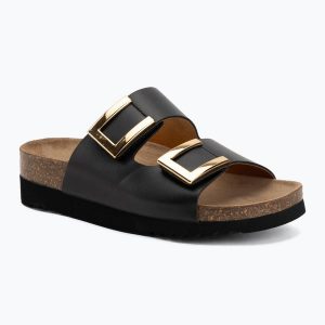 Klapki damskie Scholl Montery 2 Straps Ad Med. Czarne klapki Scholl, bez wzorów, z materiału, bez obcasa. Za 349,99 zł.