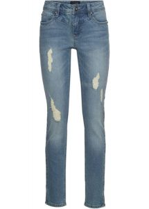 Dżinsy ze stretchem, z zamkiem. Niebieskie jeansy bonprix, bez wzorów, z jeansu. Za 64,99 zł.