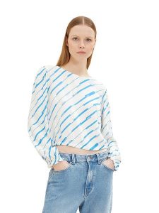 Tom Tailor Bluzka w kolorze biało-błękitnym rozmiar: L. Niebieskie bluzki Tom Tailor, l, bez wzorów, z wiskozy, bez kołnierzyka, bez ramiączek. Za 37,12 zł.