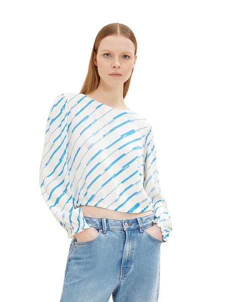 Tom Tailor Bluzka w kolorze biało-błękitnym rozmiar: L. Niebieskie bluzki Tom Tailor, l, bez wzorów, z wiskozy, bez kołnierzyka, bez ramiączek. Za 37,03 zł.