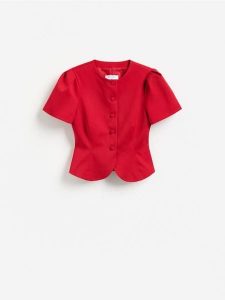 Żakiet z krótkimi rękawami - czerwony. Czerwone marynarki i żakiety Reserved, l, bez wzorów, z tkaniny. Za 159,99 zł.