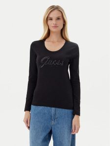Guess Bluzka W5YI26 J1314 Czarny Slim Fit. Czarne bluzki Guess, s, z aplikacjami, z bawełny, bez kołnierzyka, bez ramiączek. Za 169,99 zł.