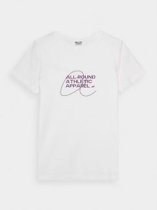 4F T-shirt slim z nadrukiem damski - biały M. Białe t-shirty 4f, m, bez wzorów, z bawełny, bez kołnierzyka, bez ramiączek. W wyprzedaży za 29,99 zł.