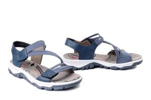 RIEKER 68871-14 blue, sandały damskie. Niebieskie sandały Rieker, bez wzorów, bez obcasa, bez zapięcia. Za 299,90 zł.