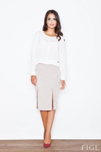 Beżowa Elegancka Ołówkowa Spódnica z Podwójnym Pęknięciem. Brązowe spódnice Figl, l, bez wzorów, z materiału, eleganckie. Za 189,00 zł.