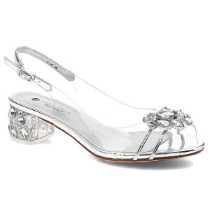 Sandaly damskie Scaviola, osadzone na stabilnym obcasie z dekoracyjnym wypełnieniem i ozdobną aplikacją na przodzie, srebrne, G-25. Szare sandały Sca'viola, z aplikacjami, bez obcasa, na obcasie, bez zapięcia. Za 289,00 zł.