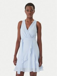 Morgan Sukienka koktajlowa 241-ROSVAL Błękitny Regular Fit. Niebieskie kombinezony Morgan, bez wzorów, z syntetyku, wizytowe, bez kołnierzyka, bez ramiączek. Za 299,99 zł.