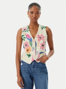 LOLA CASADEMUNT Kamizelka garniturowa LS2602009 Kremowy Regular Fit. Białe kamizelki LOLA CASADEMUNT, s, bez wzorów, z bawełny, bez kołnierzyka, bez ramiączek, bez kaptura. Za 379,99 zł.