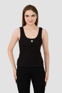 GUESS Czarny top Ribbed Knit Tank. Czarne topy Guess, s, z aplikacjami, bez kołnierzyka, bez ramiączek. W wyprzedaży za 160,99 zł.
