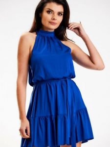Sukienka Model A580 Blue - awama. Niebieskie sukienki Awama, na lato, l, bez wzorów, z bawełny, bez kołnierzyka, bez ramiączek, rozkloszowane. Za 278,53 zł.