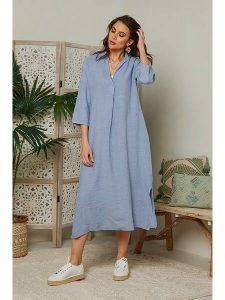 Lin Passion Lniana sukienka w kolorze błękitnym rozmiar: 40/42. Niebieskie sukienki Lin Passion, na co dzień, bez wzorów, ze lnu, klasyczne, bez kołnierzyka, bez ramiączek, maxi, proste. Za 135,81 zł.