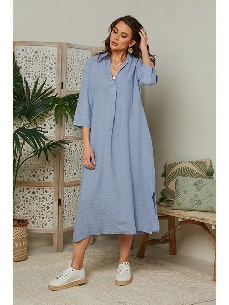 Lin Passion Lniana sukienka w kolorze błękitnym rozmiar: 40/42. Niebieskie sukienki Lin Passion, na co dzień, bez wzorów, ze lnu, klasyczne, bez kołnierzyka, bez ramiączek, maxi, proste. Za 135,81 zł.