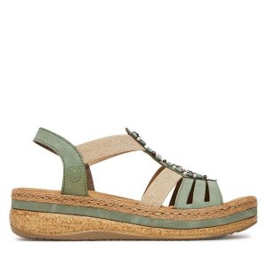 Sandały Rieker. Zielone sandały Rieker, bez wzorów, bez obcasa, na koturnie, bez zapięcia. Za 339,99 zł.