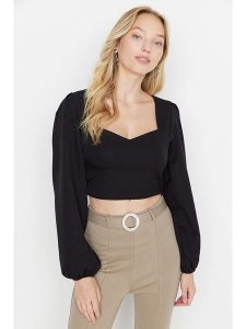 Trendyol Bluzka w kolorze czarnym rozmiar: 40. Czarne bluzki Trendyol, bez wzorów, bez kołnierzyka, bez ramiączek. Za 69,75 zł.
