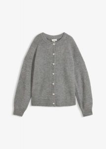 Sweter rozpinany z guzikami w kształcie serca. Szare kardigany bonprix, bez kołnierzyka. Za 124,99 zł.