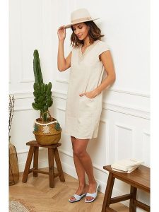 Le Monde du Lin Lniana sukienka w kolorze beżowym rozmiar: 36/38. Brązowe sukienki Le Monde du Lin, na co dzień, bez wzorów, ze lnu, klasyczne, bez kołnierzyka, bez ramiączek, mini, proste. Za 130,99 zł.