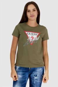 GUESS Zielony t-shirt damski icon. Zielone t-shirty Guess, s, z aplikacjami, bez kołnierzyka, bez ramiączek. W wyprzedaży za 129,99 zł.