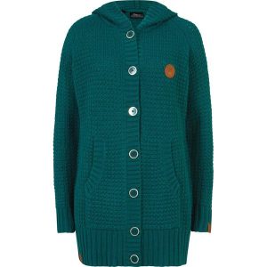 Sweter rozpinany z kapturem. Czarne długie swetry bonprix, ze skóry, bez kołnierzyka. Za 124,99 zł.