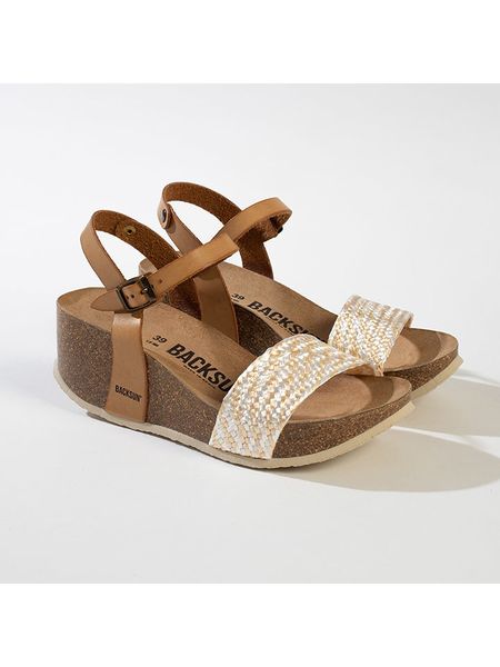 BACKSUN Sandały "Rimini" w kolorze jasnobrązowo-biało-szarym na koturnie rozmiar: 37. Brązowe sandały Backsun, bez wzorów, z otwartym noskiem, bez obcasa, na koturnie, bez zapięcia. Za 148,26 zł.