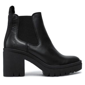 Botki Fly London. Czarne botki Fly London, bez wzorów, bez obcasa, na słupku, bez zapięcia. Za 579,99 zł.