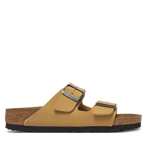 Klapki Birkenstock. Brązowe klapki Birkenstock, bez wzorów, bez obcasa. Za 449,99 zł.