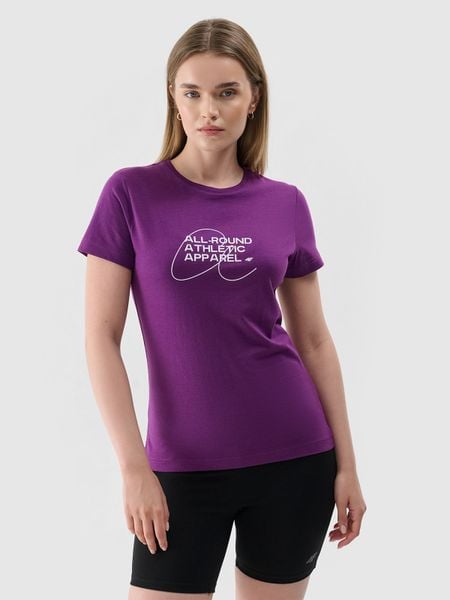 4F T-shirt slim z nadrukiem damski - fioletowy M. Fioletowe t-shirty 4f, m, bez wzorów, z bawełny, bez kołnierzyka, bez ramiączek. Za 29,99 zł.