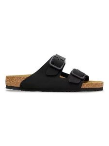 Birkenstock Skórzane klapki "Arizona" w kolorze czarnym rozmiar: 37. Czarne klapki Birkenstock, bez wzorów, z nubiku, z otwartym noskiem, bez obcasa. Za 483,17 zł.