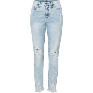 Dżinsy Mom high waist z ozdobnymi przetarciami. Niebieskie jeansy bonprix, bez wzorów, z jeansu, z podwyższonym stanem. Za 149,99 zł.