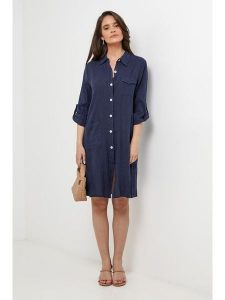 Le Monde du Lin Lniana sukienka w kolorze granatowym rozmiar: 34/36. Niebieskie sukienki Le Monde du Lin, bez wzorów, ze lnu, bez kołnierzyka, bez ramiączek, midi. Za 173,99 zł.