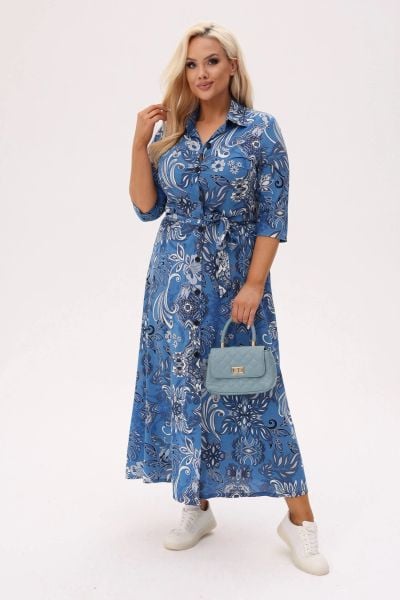 Niebieska koszulowa sukienka Lola o długości MAXI w białe kwiaty PLUS SIZE XXL OVERSIZE JESIEŃ. Białe sukienki Moda Size Plus Iwanek, do pracy, na jesień, plus size, bez wzorów, z materiału, biznesowe, bez kołnierzyka, plus size, bez ramiączek, maxi, dopasowane. Za 329,90 zł.