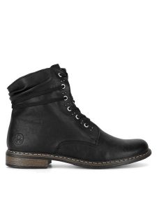 Rieker Botki 71218-00 Czarny. Czarne botki Rieker, bez wzorów, z materiału, bez obcasa, na płaskiej podeszwie, bez zapięcia. Za 287,99 zł.