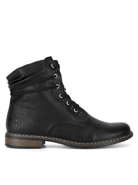 Rieker Trzewiki 71218-00 Czarny. Czarne botki Rieker, bez wzorów, z materiału, bez obcasa, na płaskiej podeszwie, bez zapięcia. Za 249,99 zł.