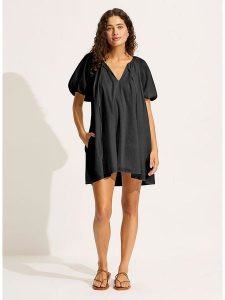 Seafolly Sukienka w kolorze czarnym rozmiar: XL. Czarne sukienki Seafolly, xl, bez wzorów, z bawełny, bez kołnierzyka, bez ramiączek, mini. Za 158,10 zł.