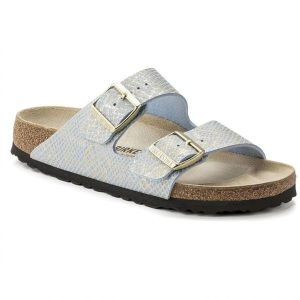 Klapki damskie Birkenstock Arizona BS Birko-flor. Niebieskie klapki Birkenstock, bez wzorów, z denimu, bez obcasa. Za 287,00 zł.