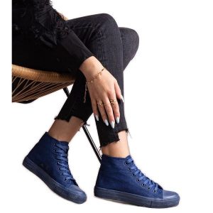 Jeansowe wysokie trampki Rafife niebieskie. Niebieskie trampki bez wzorów, z gumy, przed kolano, bez zapięcia. Za 78,15 zł.