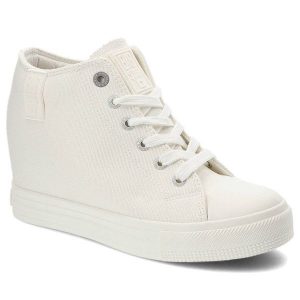 Białe Sneakersy Big Star Damskie Modne Obuwie. Białe czółenka Big Star, bez wzorów, z materiału, bez obcasa, na koturnie, bez zapięcia. Za 129,00 zł.