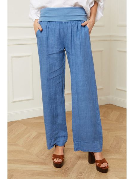 Fleur de Lin Lniane spodnie "Astrid" w kolorze niebieskim rozmiar: L. Niebieskie spodnie z wysokim stanem Fleur de Lin, bez wzorów, ze lnu, z podwyższonym stanem. Za 135,17 zł.