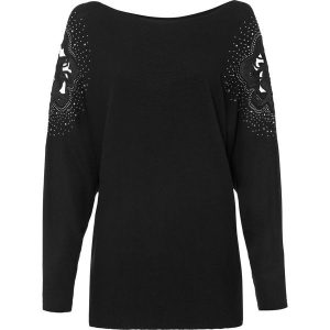 Cienki sweter z mieszanki wiskozy. Czarne swetry klasyczne bonprix, z koronki, bez kołnierzyka. Za 124,99 zł.