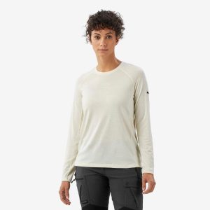 Koszulka trekkingowa damska z długim rękawem Merino Resist undyed. Białe bluzki FORCLAZ, l, bez wzorów, z materiału, sportowe, bez kołnierzyka, bez ramiączek. Za 199,99 zł.