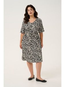KAFFE curve Sukienka w kolorze kremowo-czarnym rozmiar: XL. Brązowe sukienki KAFFE curve, xl, bez wzorów, bez kołnierzyka, bez ramiączek, midi. Za 113,95 zł.
