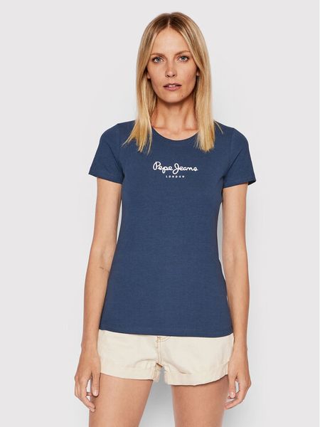 Pepe Jeans T-Shirt New Virgina PL505202 Granatowy Slim Fit. Niebieskie t-shirty Pepe Jeans, xxs, bez wzorów, z bawełny, bez kołnierzyka, bez ramiączek. Za 79,99 zł.