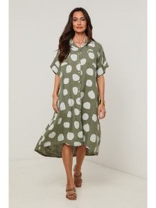 Le Monde du Lin Lniana sukienka w kolorze oliwkowo-białym rozmiar: 40/42. Brązowe sukienki Le Monde du Lin, bez wzorów, ze lnu, z asymetrycznym kołnierzem, bez ramiączek, midi, asymetryczne. Za 173,99 zł.