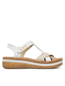 Rieker Sandały V0919-80 Biały. Białe sandały Rieker, bez wzorów, z materiału, bez obcasa, na koturnie, bez zapięcia. Za 339,99 zł.